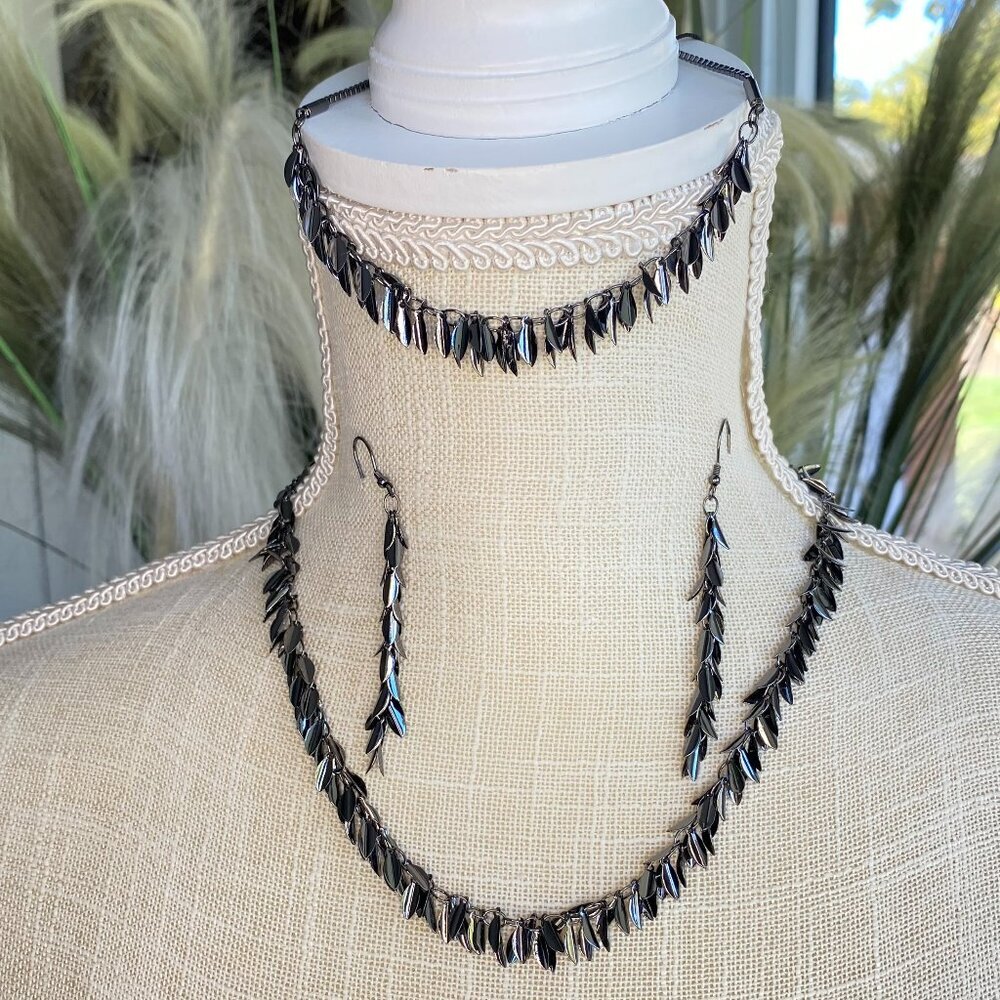 FAC Shimmer Gunmetal 3 Piece Necklace earrings & bracelet Set